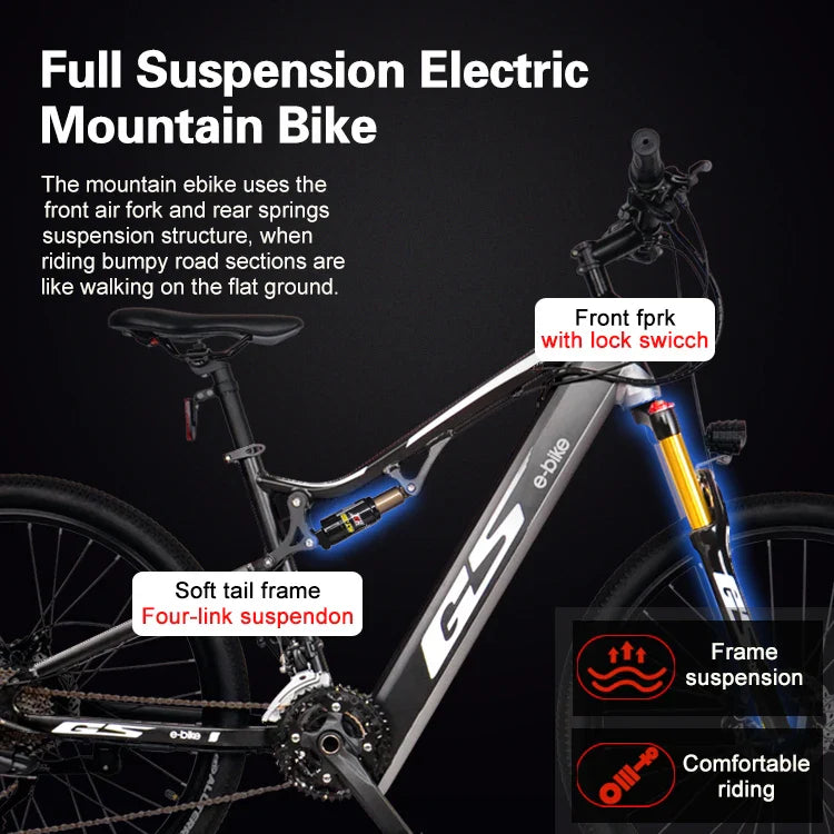 HKM-391187 27-Speed Electric Mountain Bike with Aluminum Frame, 48V 13Ah Battery, LCD Display, Air Suspension Fork, and Disc Brakes
