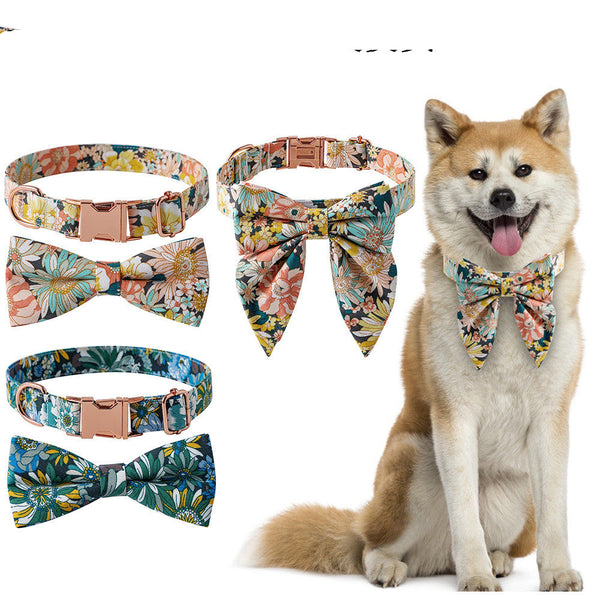 HKM-3912125 Floral Pattern Cotton Dog Collar with Adjustable Rose Buckle in Yellow and Green