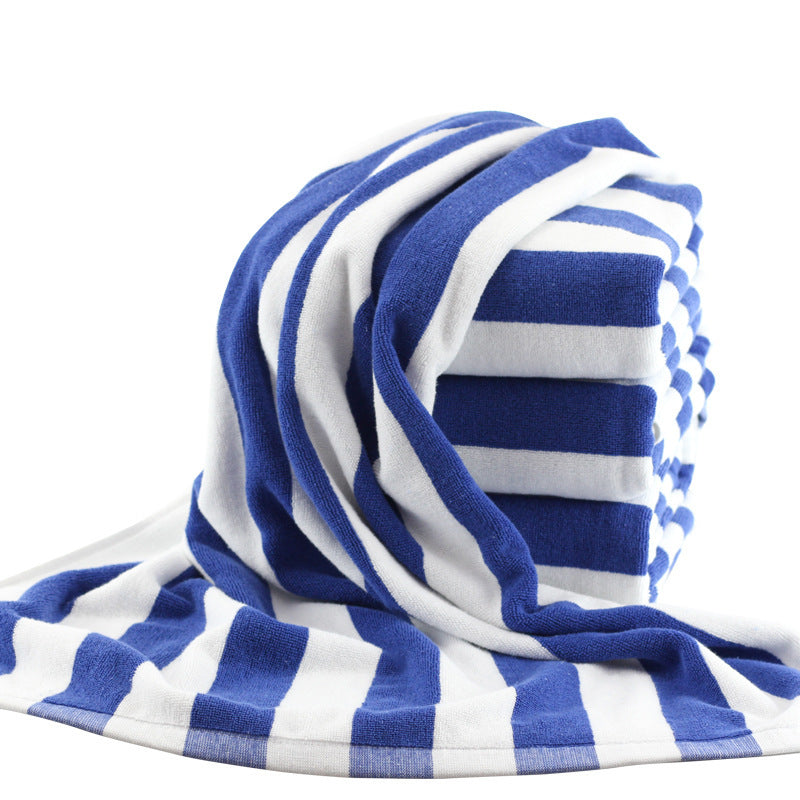 HKM-391443 Cotton Yarn-Dyed Jacquard Beach Bath Towel - Blue and White Stripe, 75 x 152 cm