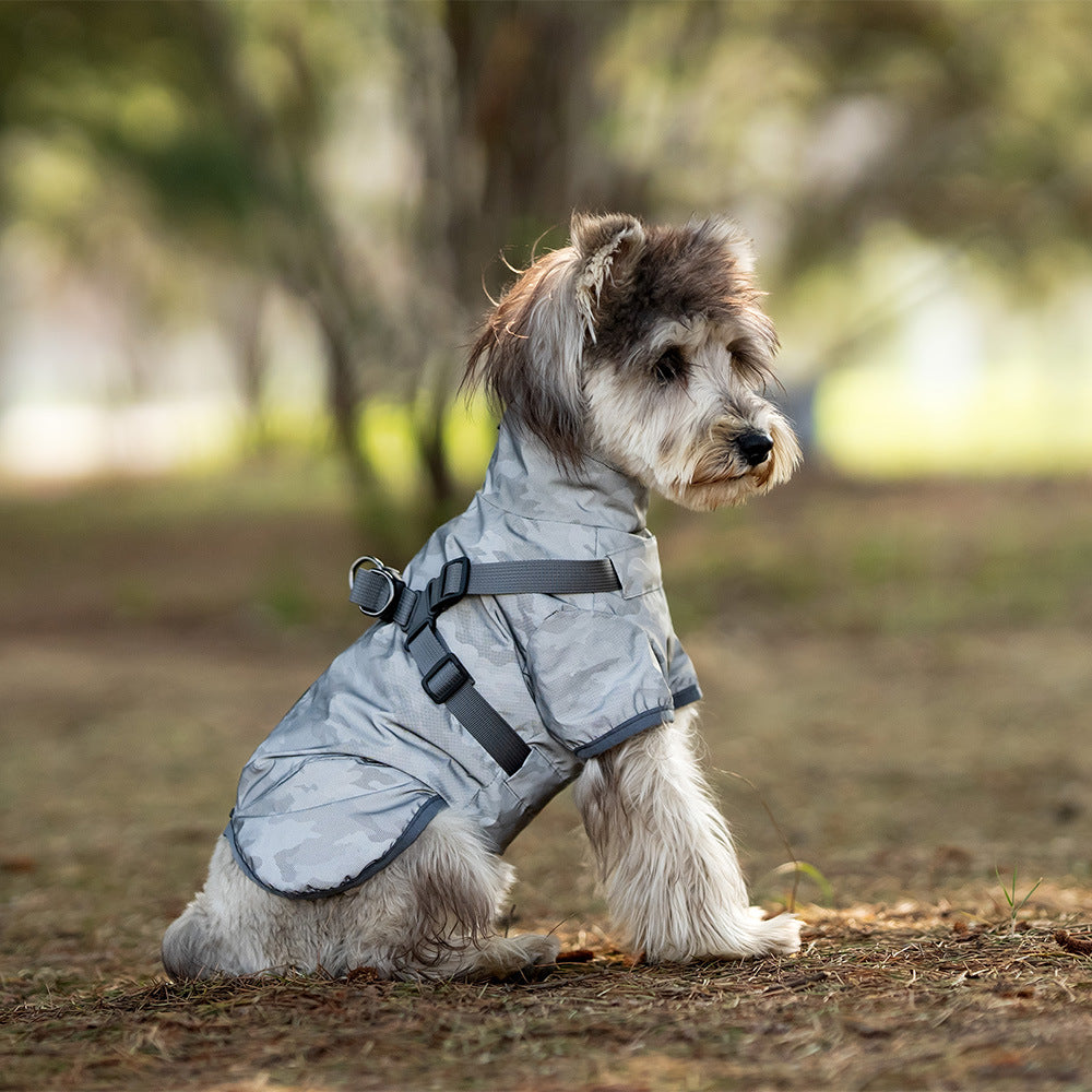 HKM-3915581 Waterproof Pet Raincoat for Medium and Small Dogs – Chest and Back Design in Camouflage, Star Gray, or Clear Yellow