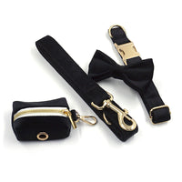 HKM-3915709 Black Velvet Pet Collar with Gold Buckle, Lead Rope, Bow, and Poop Bag Set