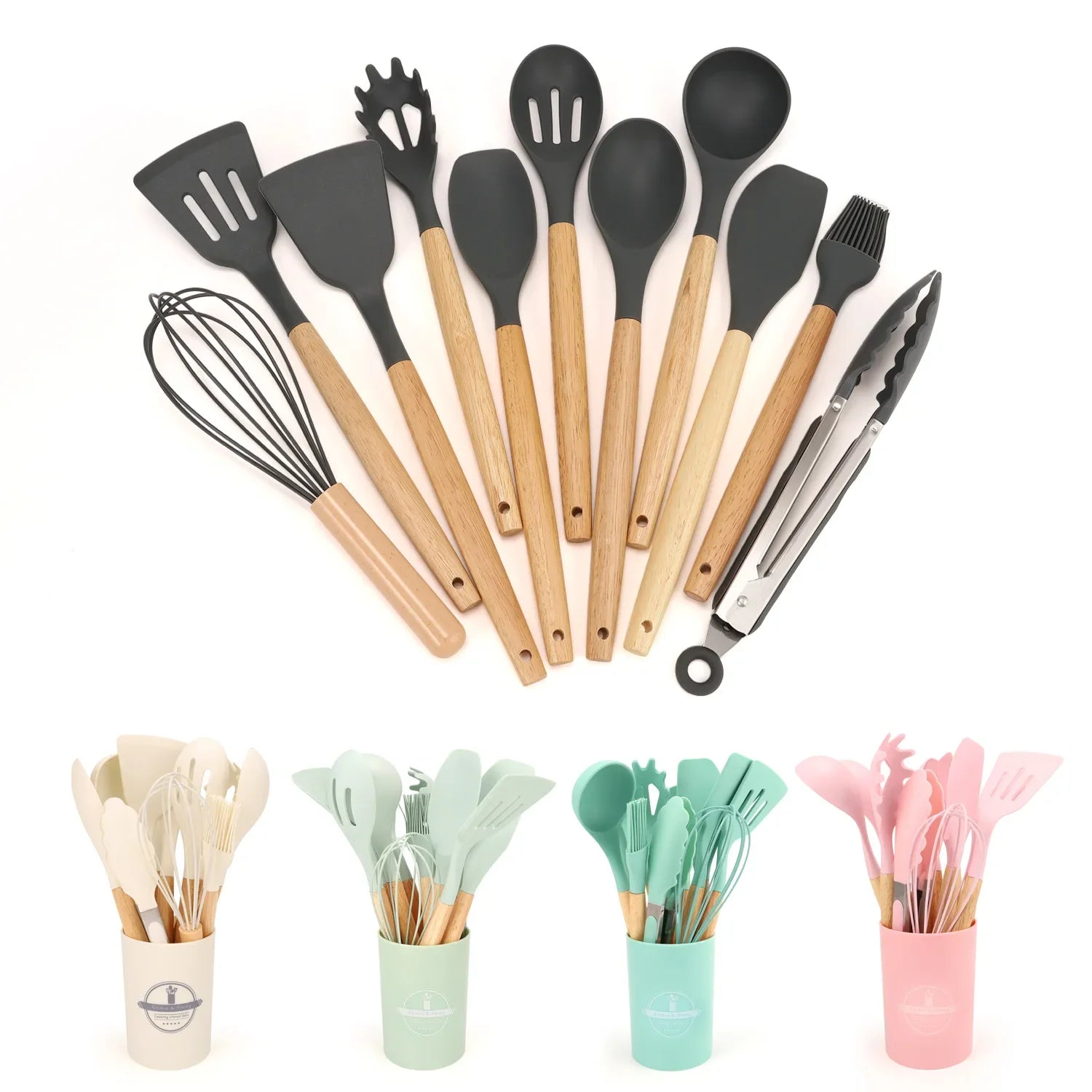 HKM-391571 12-Piece Silicone Kitchen Utensils Set with Non-Stick Wooden Handles for Versatile Cooking and Storage