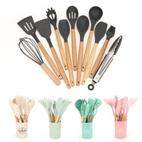 HKM-391571 12-Piece Silicone Kitchen Utensils Set with Non-Stick Wooden Handles for Versatile Cooking and Storage