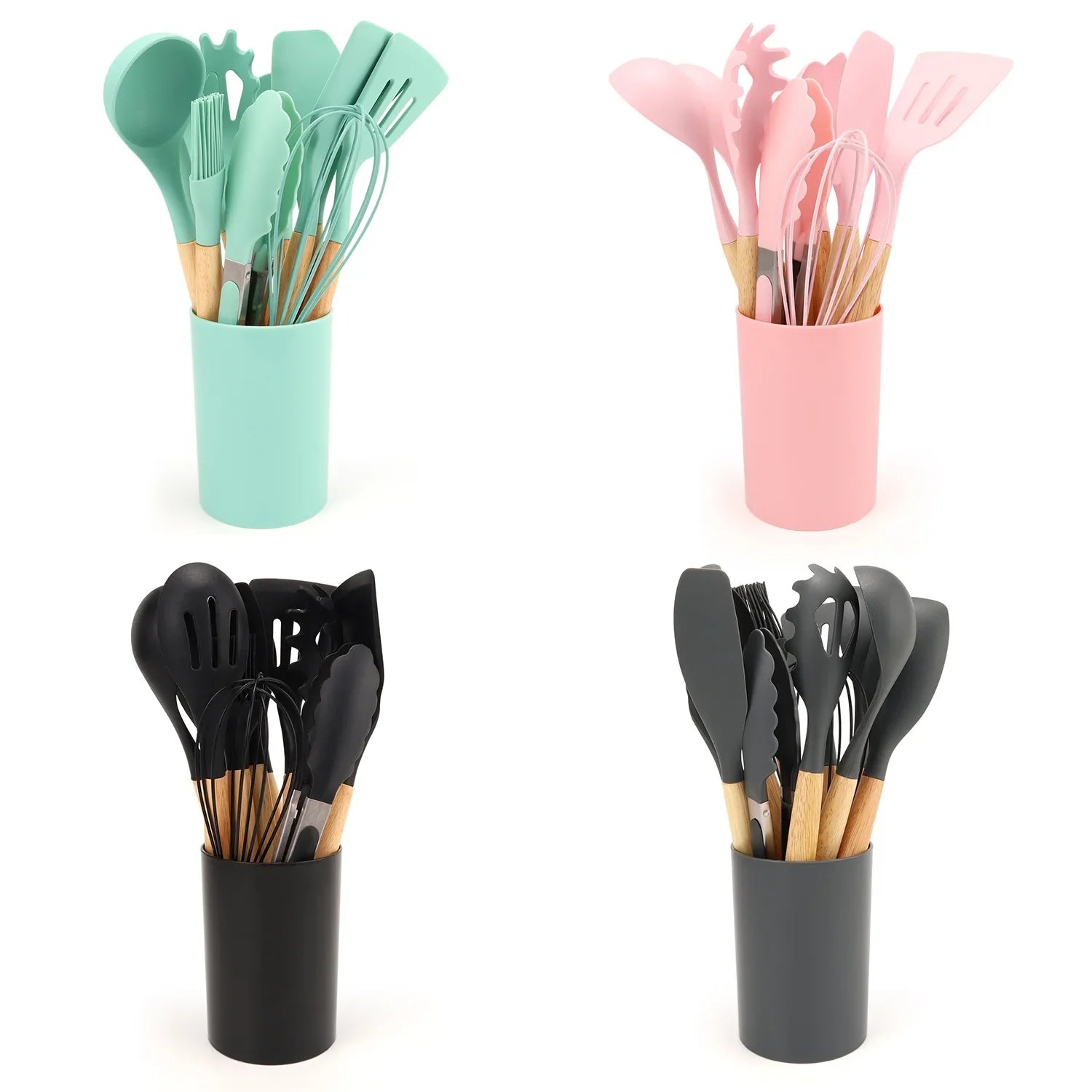 HKM-391571 12-Piece Silicone Kitchen Utensils Set with Non-Stick Wooden Handles for Versatile Cooking and Storage