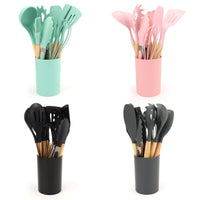 HKM-391571 12-Piece Silicone Kitchen Utensils Set with Non-Stick Wooden Handles for Versatile Cooking and Storage