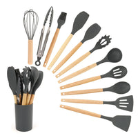 HKM-391571 12-Piece Silicone Kitchen Utensils Set with Non-Stick Wooden Handles for Versatile Cooking and Storage