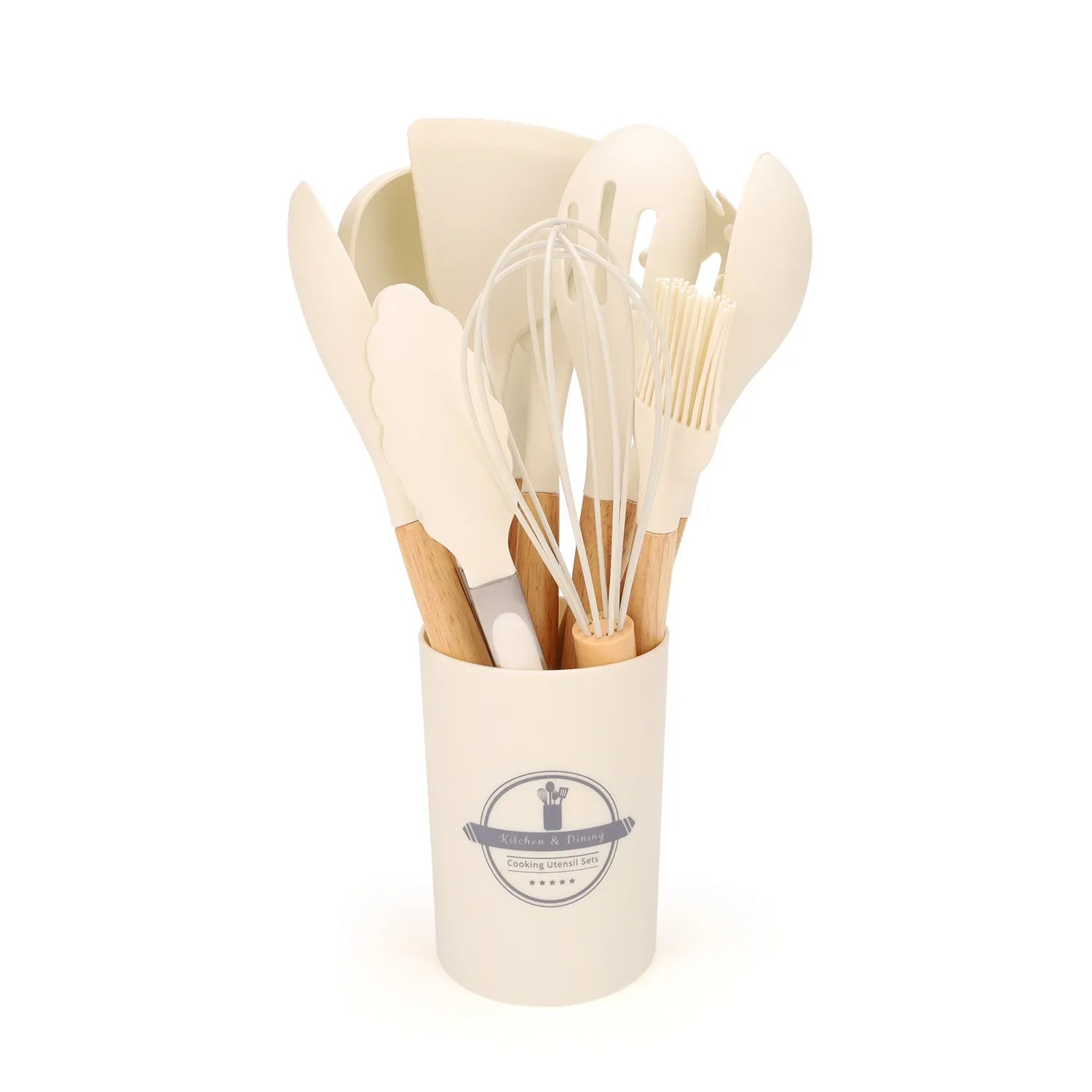 HKM-391571 12-Piece Silicone Kitchen Utensils Set with Non-Stick Wooden Handles for Versatile Cooking and Storage
