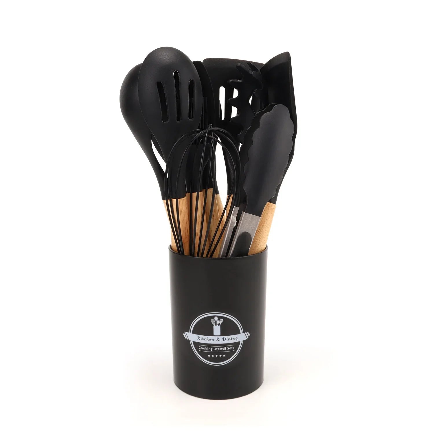 HKM-391571 12-Piece Silicone Kitchen Utensils Set with Non-Stick Wooden Handles for Versatile Cooking and Storage