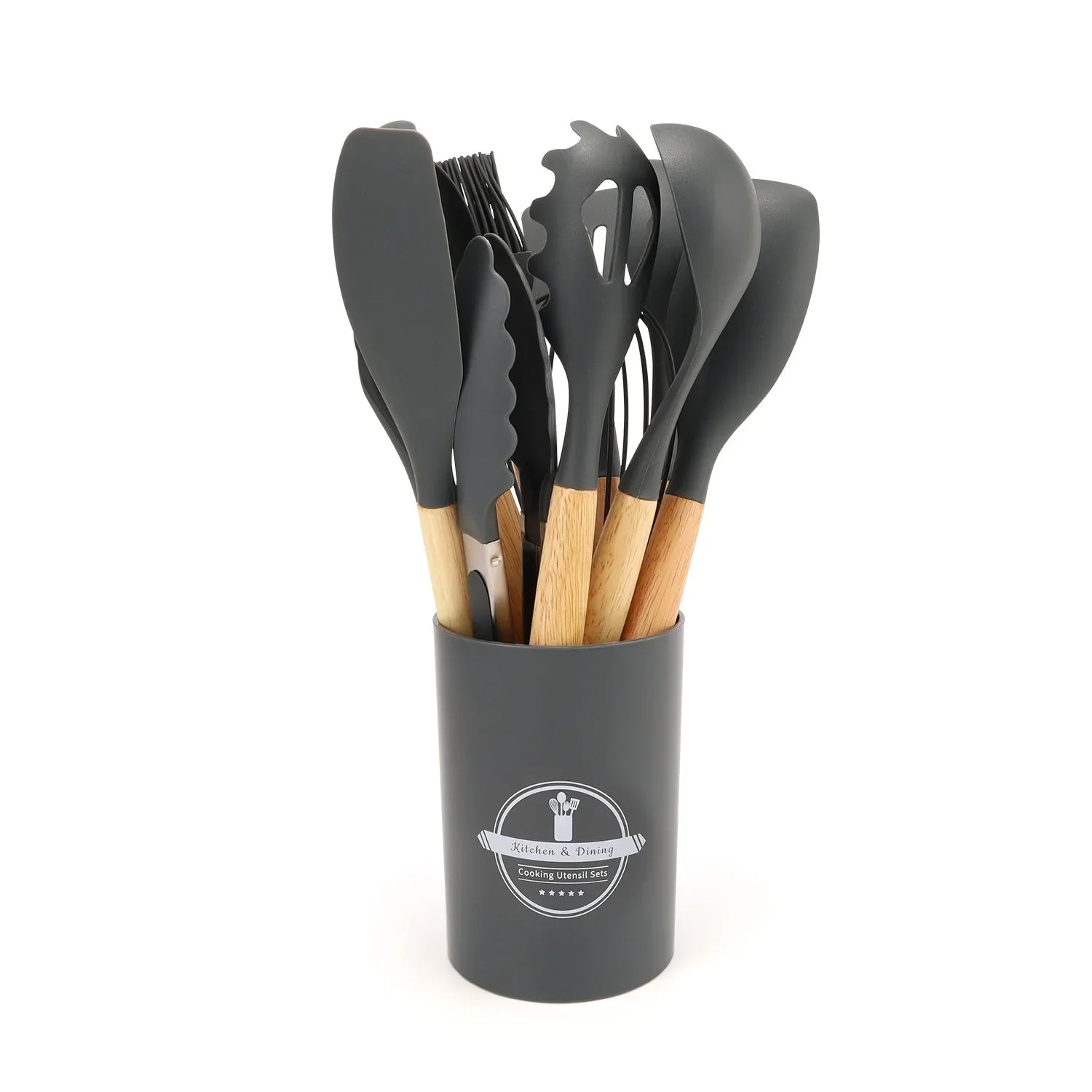 HKM-391571 12-Piece Silicone Kitchen Utensils Set with Non-Stick Wooden Handles for Versatile Cooking and Storage