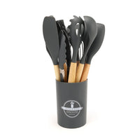 HKM-391571 12-Piece Silicone Kitchen Utensils Set with Non-Stick Wooden Handles for Versatile Cooking and Storage