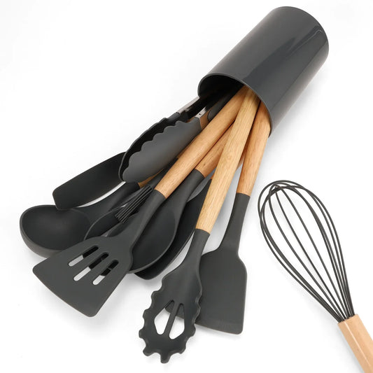 HKM-391571 12-Piece Silicone Kitchen Utensils Set with Non-Stick Wooden Handles for Versatile Cooking and Storage