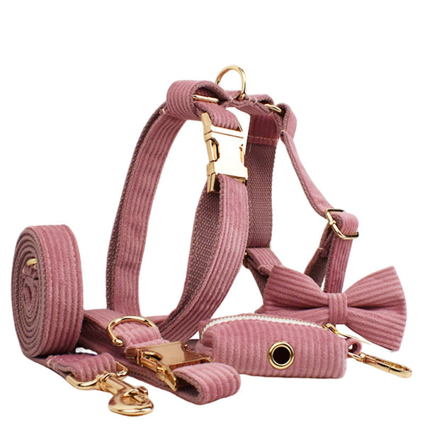 HKM-3917373 Corduroy Pet Collar and Leash Set with Bow and Waste Bag