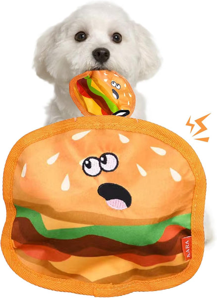 HKM-3919165 Durable Crinkle Hamburger Dog Toy with Squeaker - Interactive No Stuffing Chew Toy for Puppies and Dogs