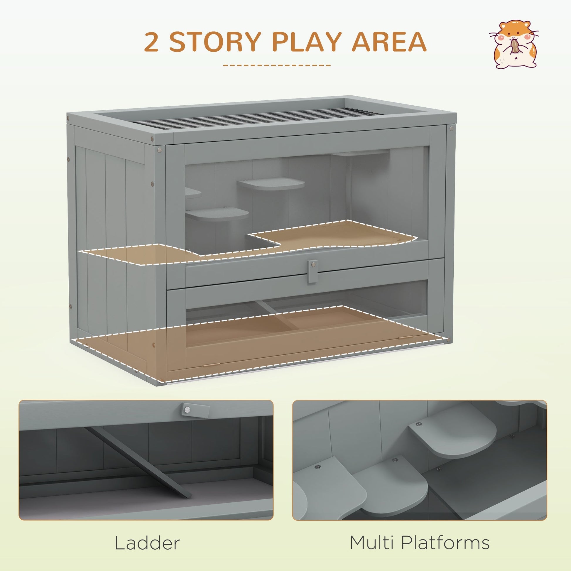HKM-3919549 2-Level Gray Hamster Cage with Openable Roof, Ventilation, and Ramp Access
