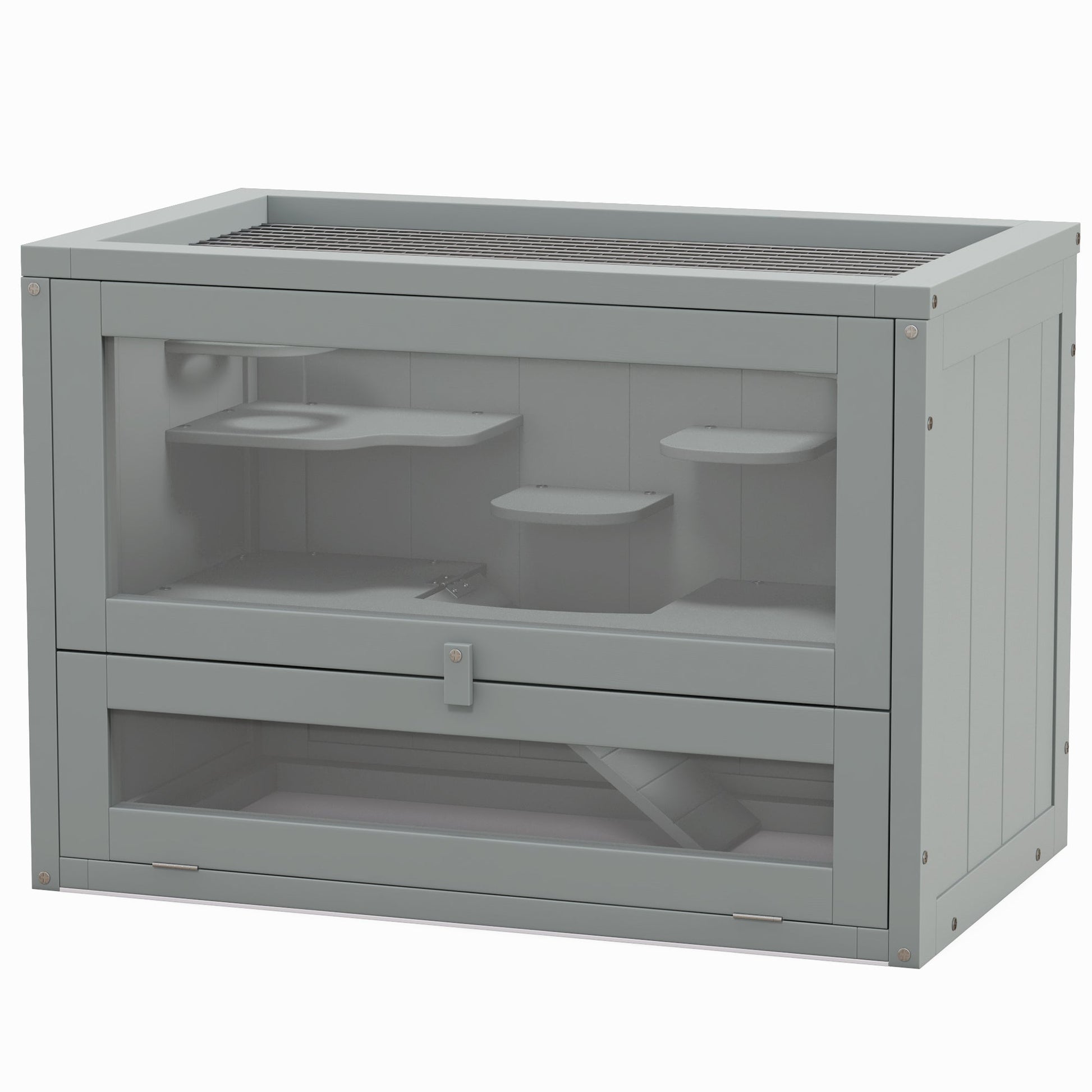 HKM-3919549 2-Level Gray Hamster Cage with Openable Roof, Ventilation, and Ramp Access