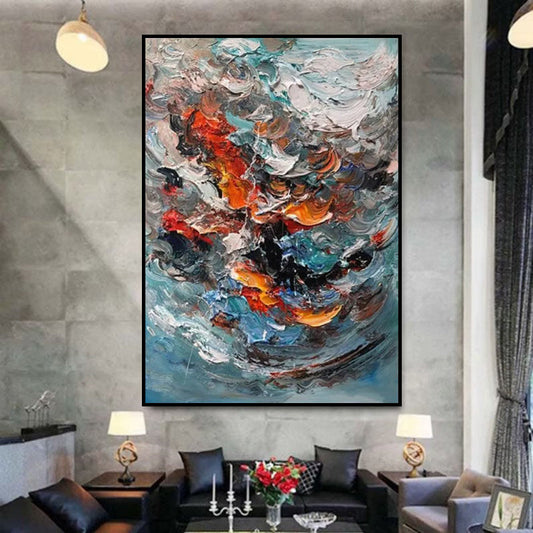 HKM-391955 Handmade 3D Texture Oil Painting - Colorful Abstract Art for Living Room Decor