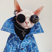HKM-3920061 Denim Jacket for Hairless Cats with Turtleneck and Cross Necklace, Cotton Fabric
