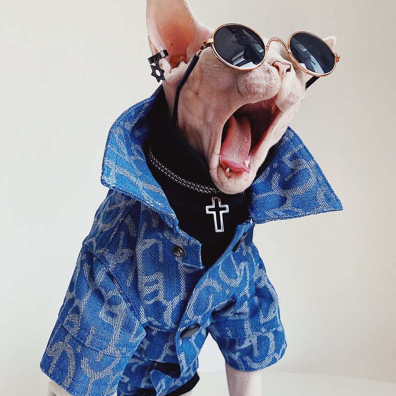 HKM-3920061 Denim Jacket for Hairless Cats with Turtleneck and Cross Necklace, Cotton Fabric