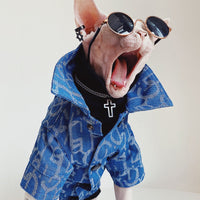HKM-3920061 Denim Jacket for Hairless Cats with Turtleneck and Cross Necklace, Cotton Fabric