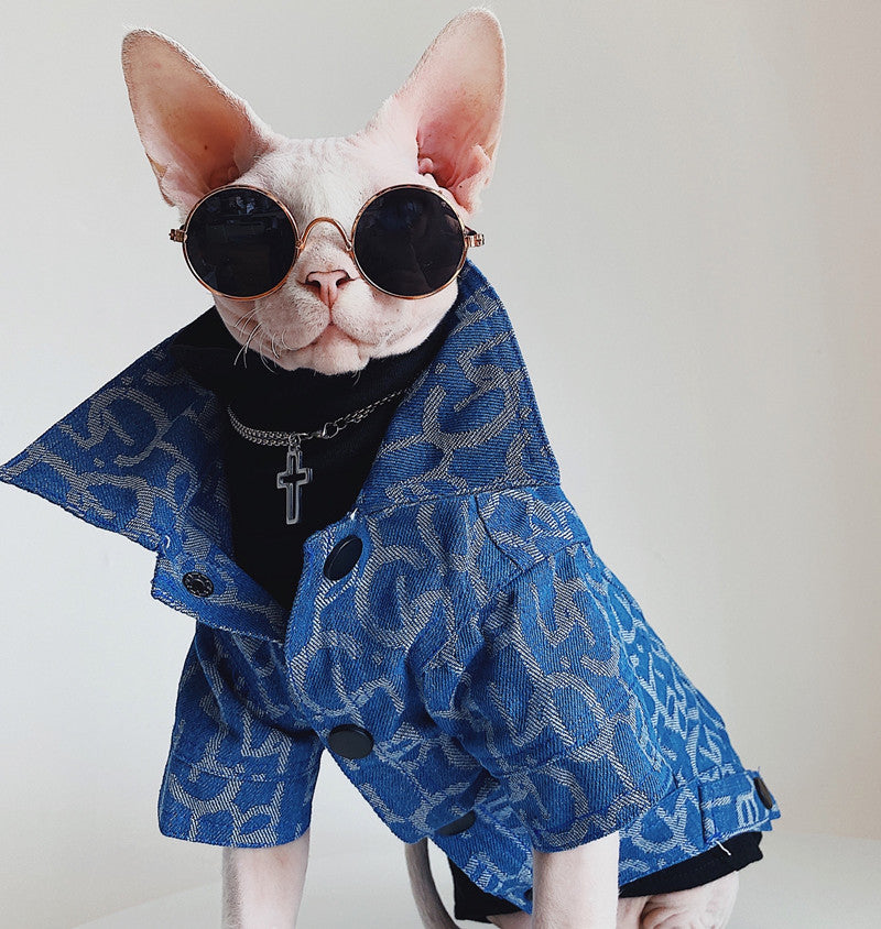 HKM-3920061 Denim Jacket for Hairless Cats with Turtleneck and Cross Necklace, Cotton Fabric