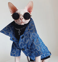 HKM-3920061 Denim Jacket for Hairless Cats with Turtleneck and Cross Necklace, Cotton Fabric