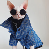 HKM-3920061 Denim Jacket for Hairless Cats with Turtleneck and Cross Necklace, Cotton Fabric