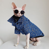 HKM-3920061 Denim Jacket for Hairless Cats with Turtleneck and Cross Necklace, Cotton Fabric
