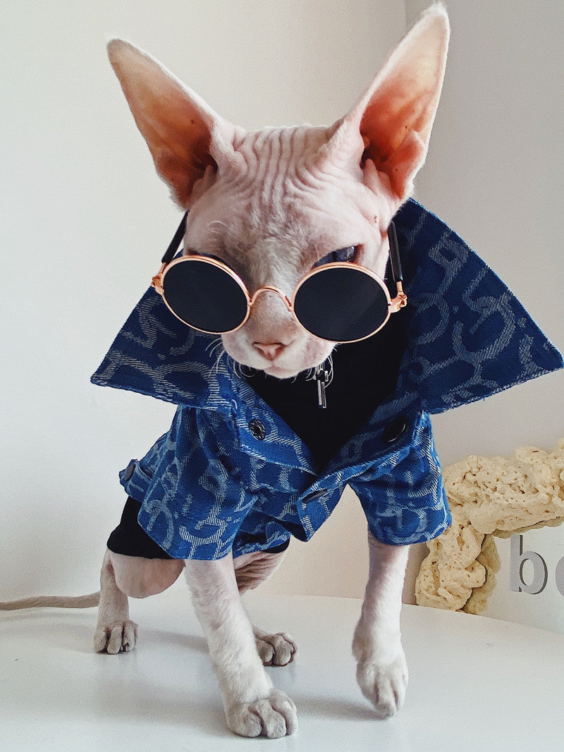 HKM-3920061 Denim Jacket for Hairless Cats with Turtleneck and Cross Necklace, Cotton Fabric