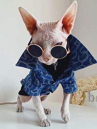 HKM-3920061 Denim Jacket for Hairless Cats with Turtleneck and Cross Necklace, Cotton Fabric