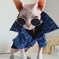 HKM-3920061 Denim Jacket for Hairless Cats with Turtleneck and Cross Necklace, Cotton Fabric