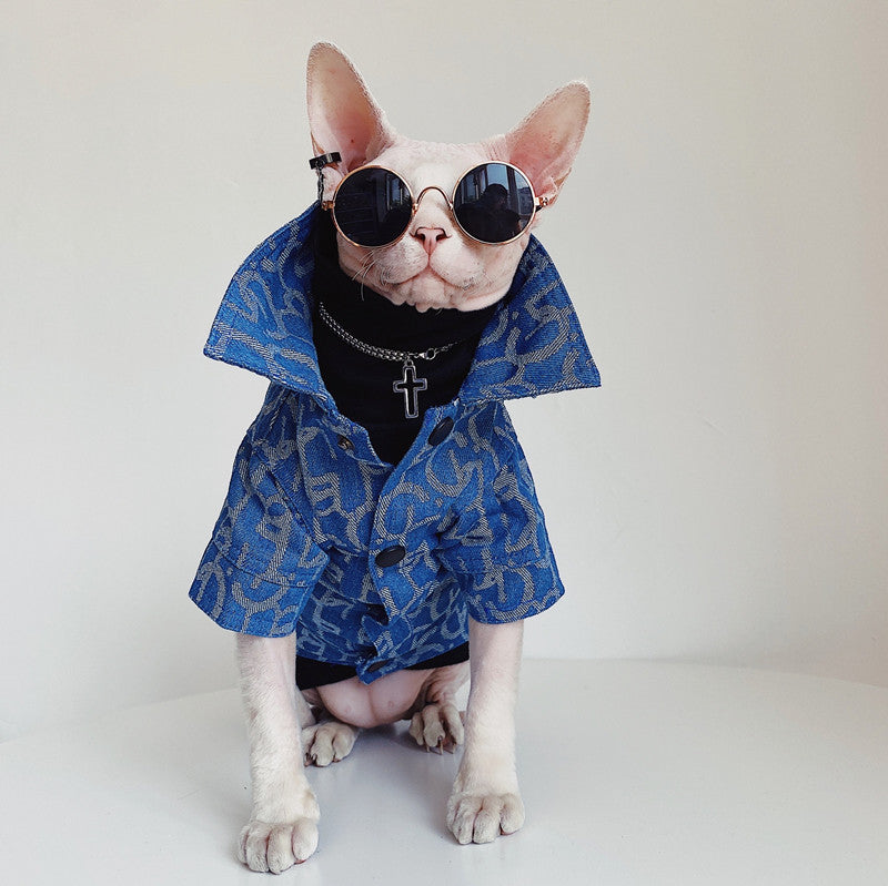 HKM-3920061 Denim Jacket for Hairless Cats with Turtleneck and Cross Necklace, Cotton Fabric