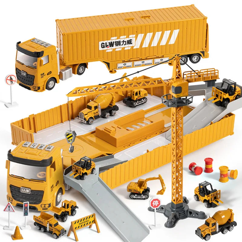 HKM-392019 Children's Engineering Container Truck Toy Set with Large Storage Parking Lot for Creative Play, Ages 2 and Up