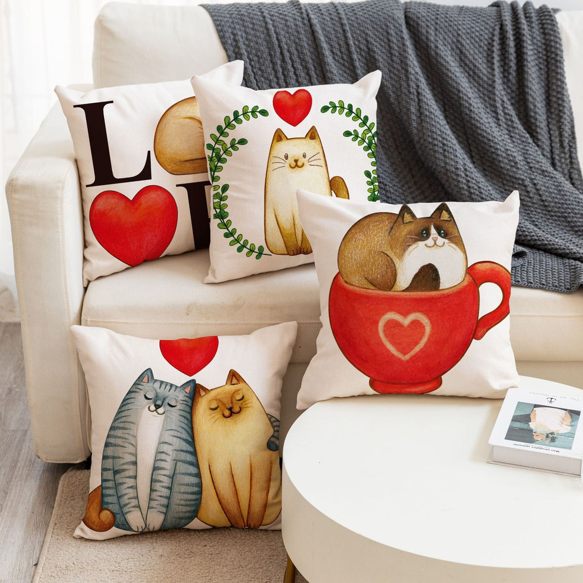 HKM-392083 Nordic Linen Breathable Throw Pillow Cover with Heart and Letter Patterns – Cute Kittens and Love Design, 45 x 45 cm