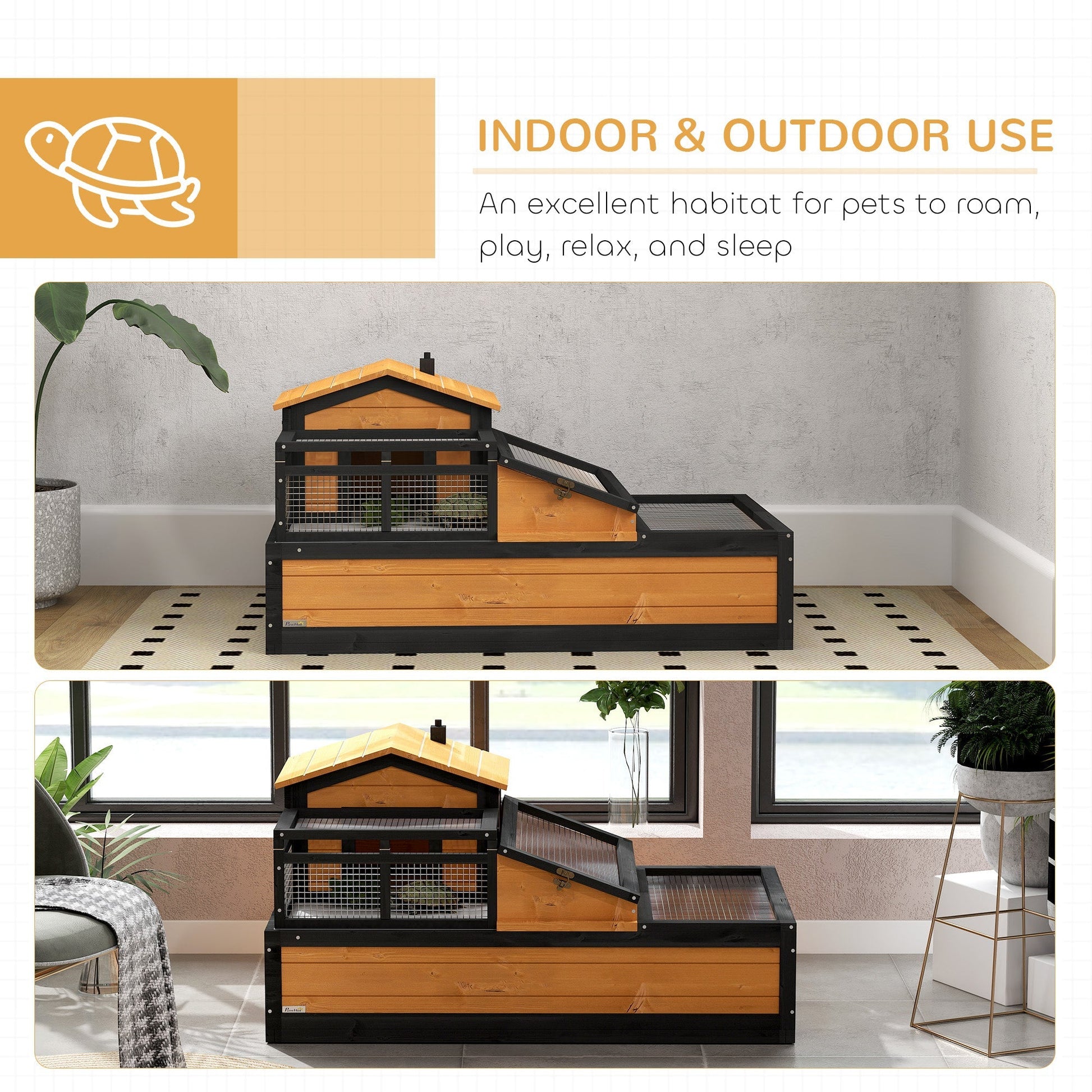HKM-3925309 3-Room Tortoise Habitat with Balcony, Two Stories, Yellow, 44" x 25.5" x 25"