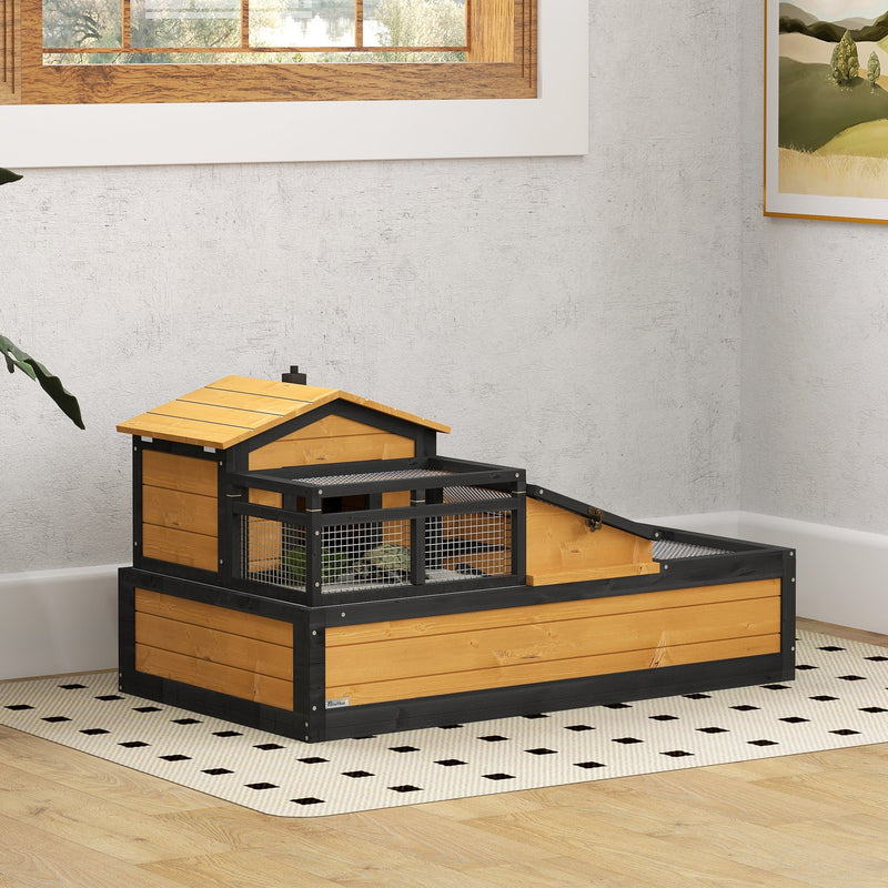 HKM-3925309 3-Room Tortoise Habitat with Balcony, Two Stories, Yellow, 44" x 25.5" x 25"