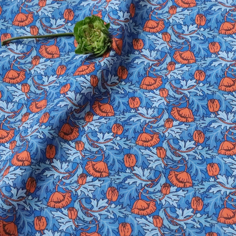 HKM-392851 Cotton Dress Fabric for Children - PLUME POPPY Blue with Red Leaves, 110cm Wide, 100% Cotton, 1m Cut