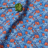 HKM-392851 Cotton Dress Fabric for Children - PLUME POPPY Blue with Red Leaves, 110cm Wide, 100% Cotton, 1m Cut