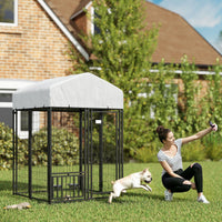 HKM-3931069 Outdoor Dog Kennel with Rotating Bowl Holder and Adjustable Feeding Racks, 3.9' x 3.9' x 6'