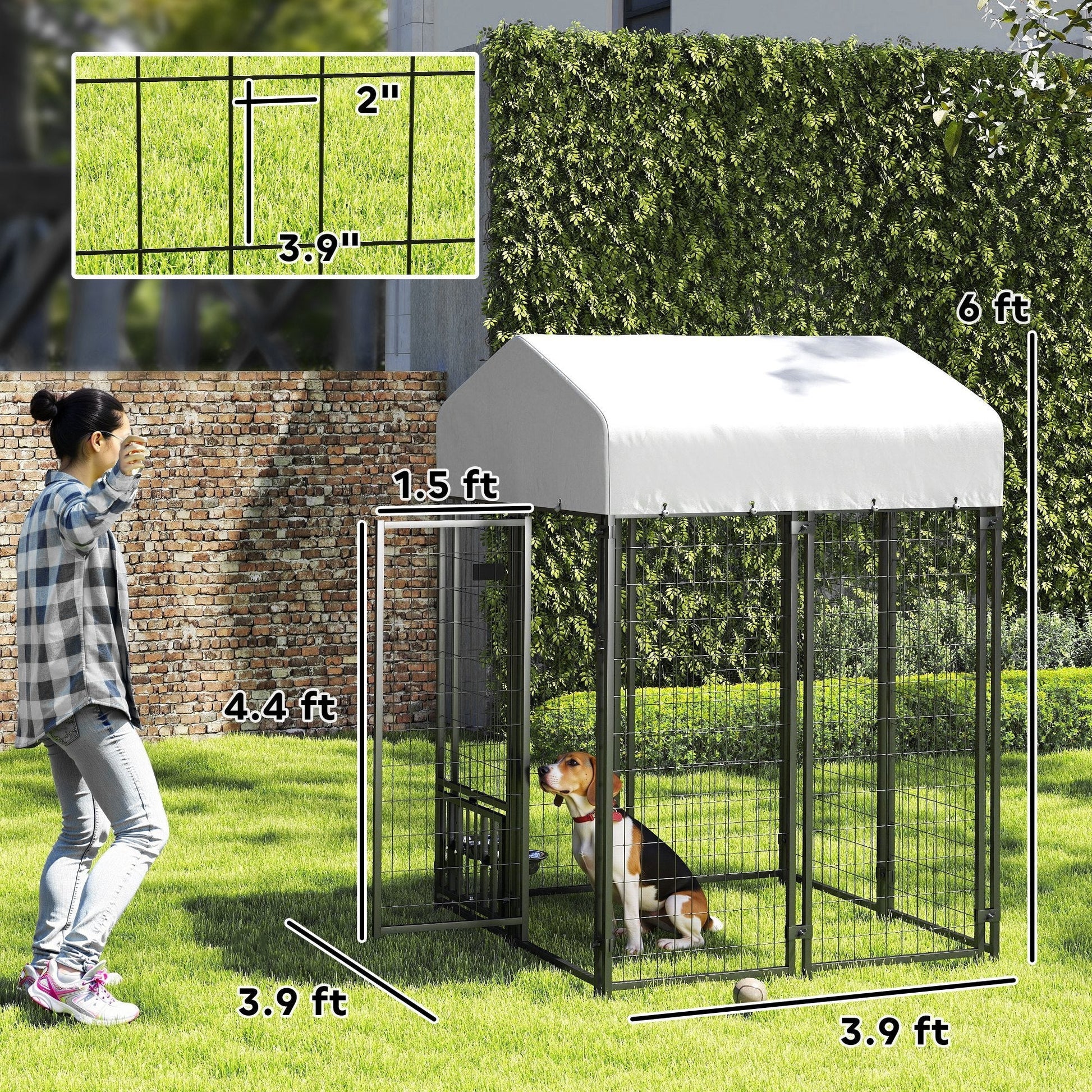 HKM-3931069 Outdoor Dog Kennel with Rotating Bowl Holder and Adjustable Feeding Racks, 3.9' x 3.9' x 6'