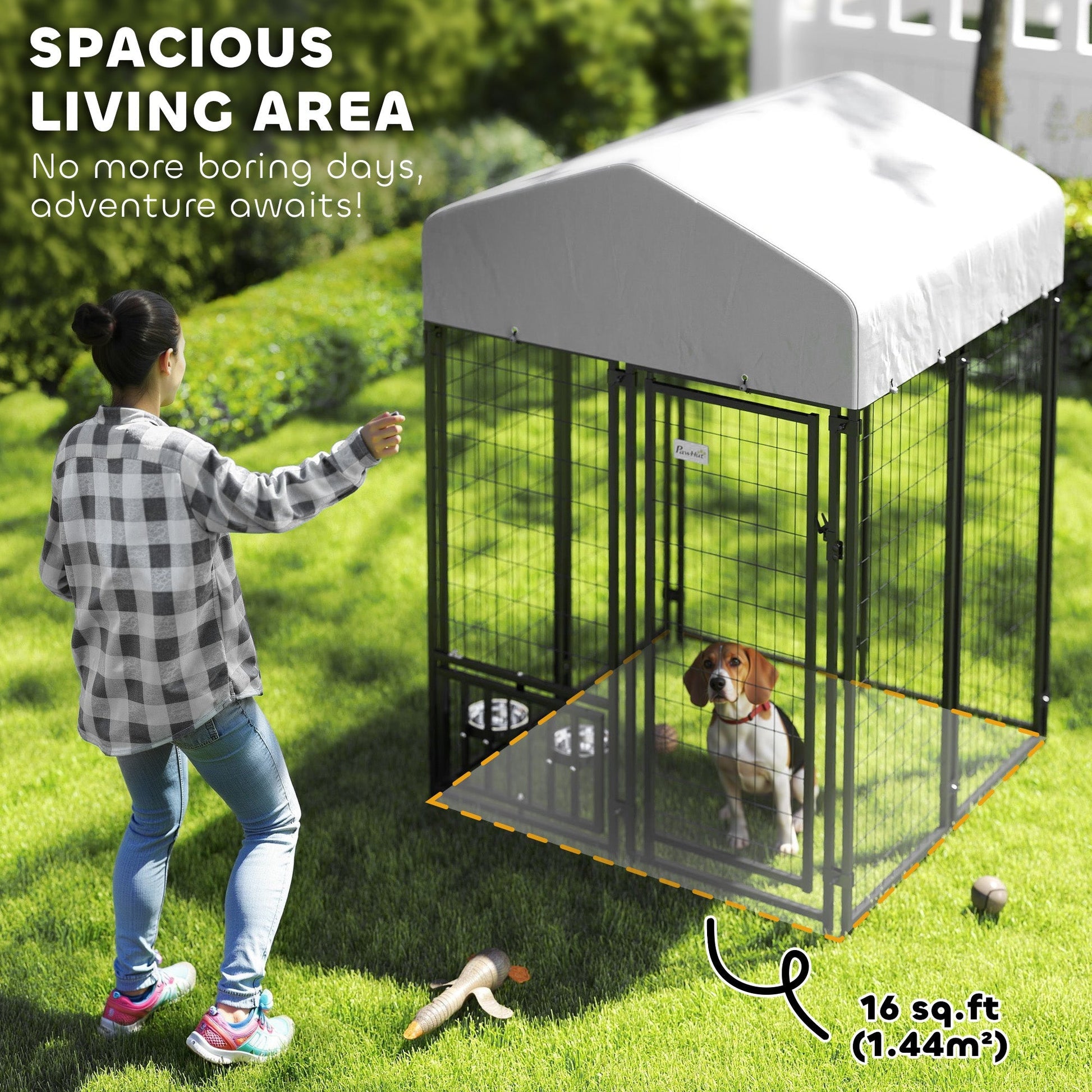 HKM-3931069 Outdoor Dog Kennel with Rotating Bowl Holder and Adjustable Feeding Racks, 3.9' x 3.9' x 6'