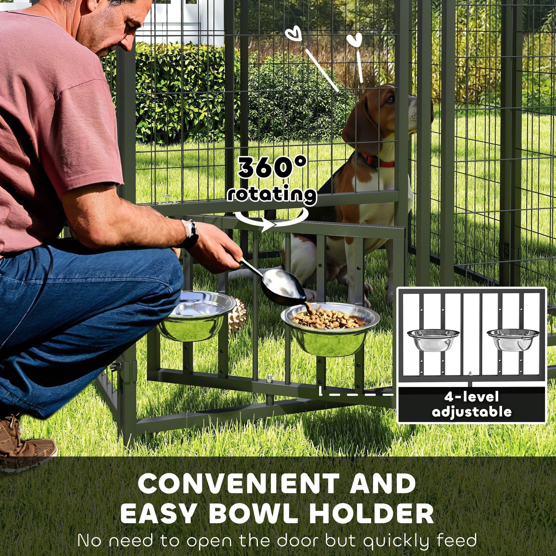 HKM-3931069 Outdoor Dog Kennel with Rotating Bowl Holder and Adjustable Feeding Racks, 3.9' x 3.9' x 6'