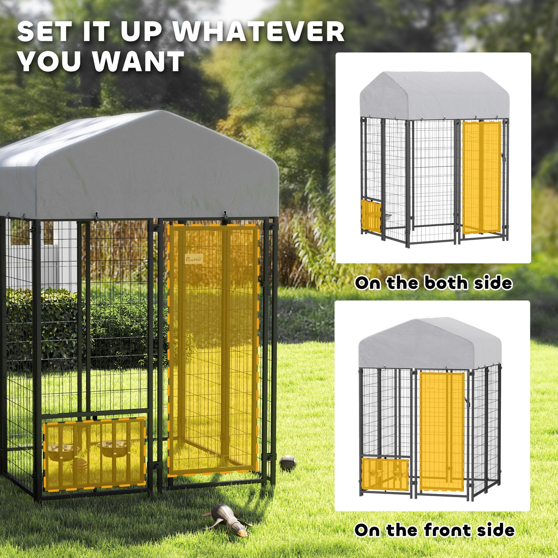 HKM-3931069 Outdoor Dog Kennel with Rotating Bowl Holder and Adjustable Feeding Racks, 3.9' x 3.9' x 6'