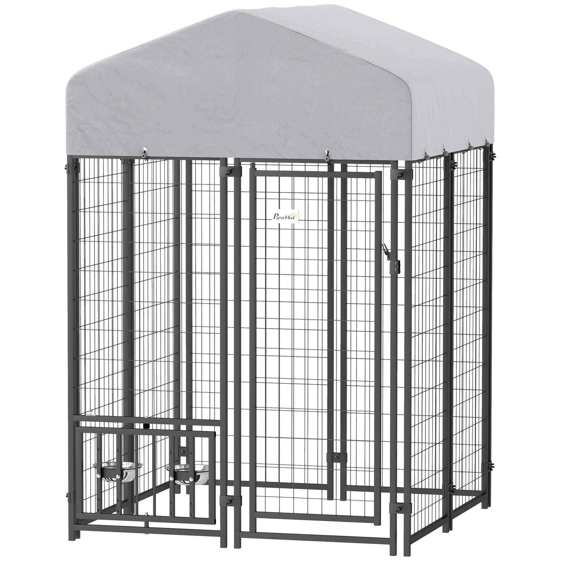 HKM-3931069 Outdoor Dog Kennel with Rotating Bowl Holder and Adjustable Feeding Racks, 3.9' x 3.9' x 6'