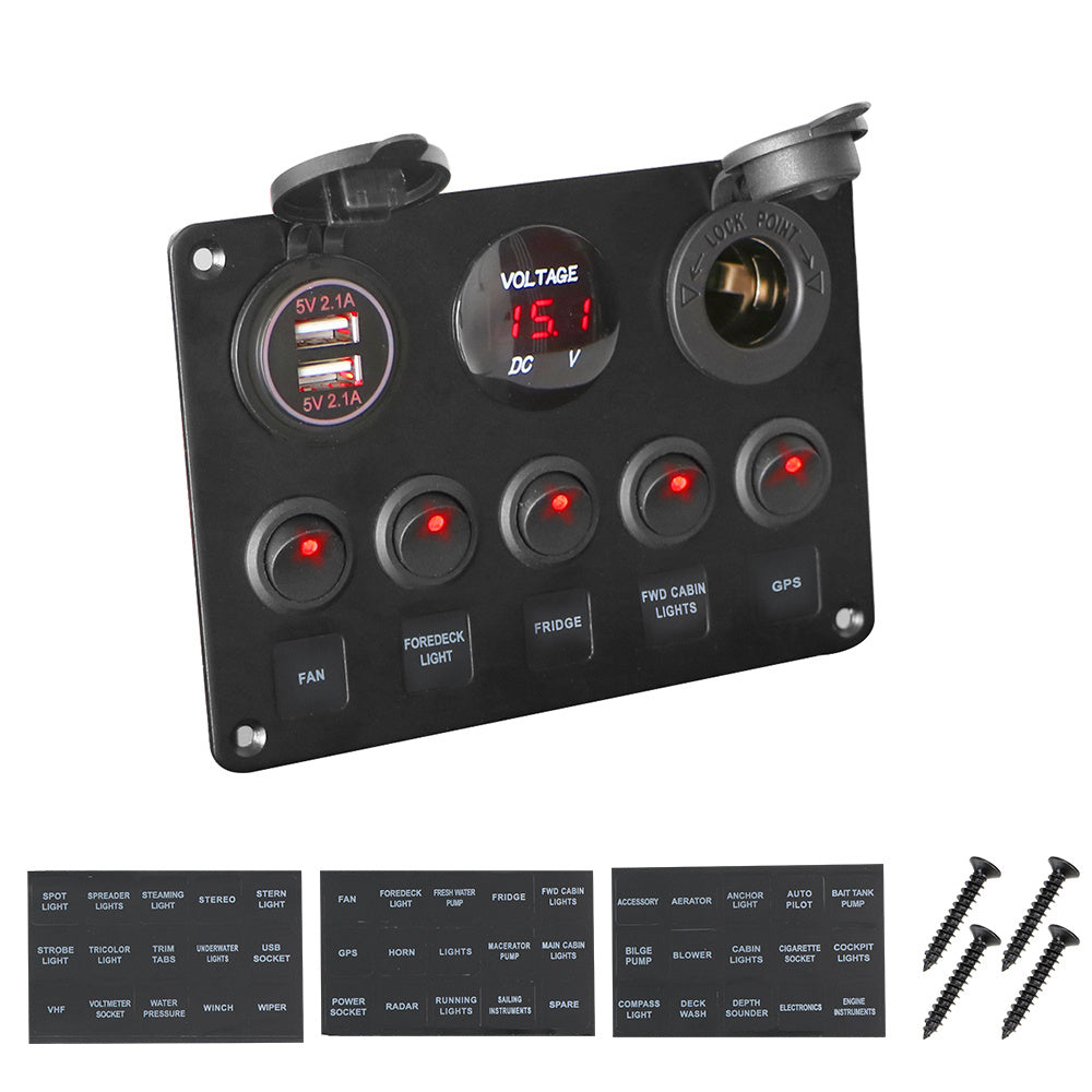 HKM-393363 Five-Position Switch Panel with Dual USB Ports, Voltmeter, and Lamp Holder, IP65 Rated, 12V Compatibility