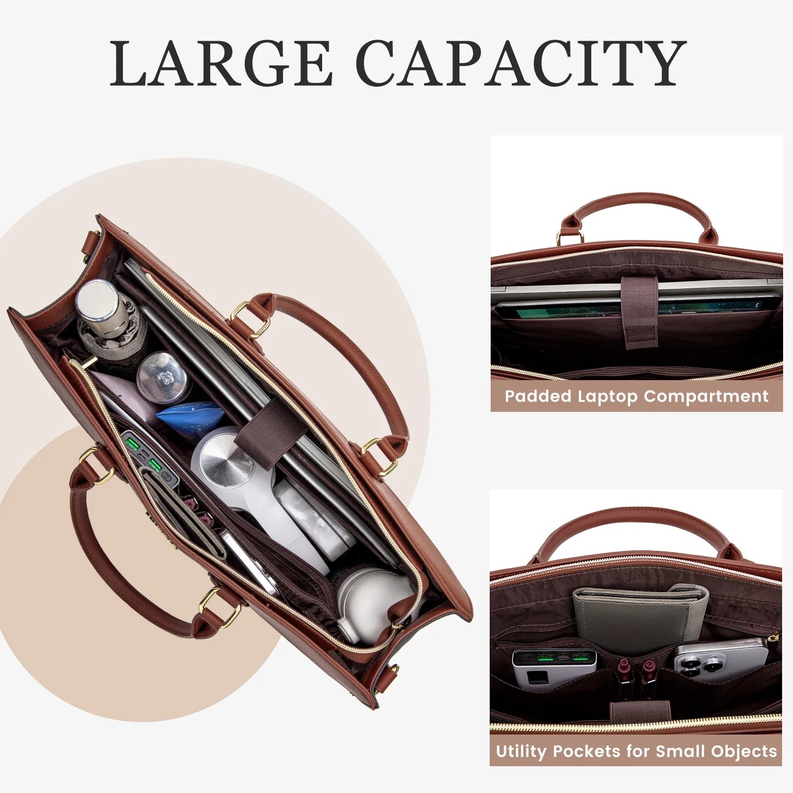 HKM-393555 Stylish 15.6 Inch Laptop Tote Bag for Women – Waterproof Leather Briefcase for Office and Work