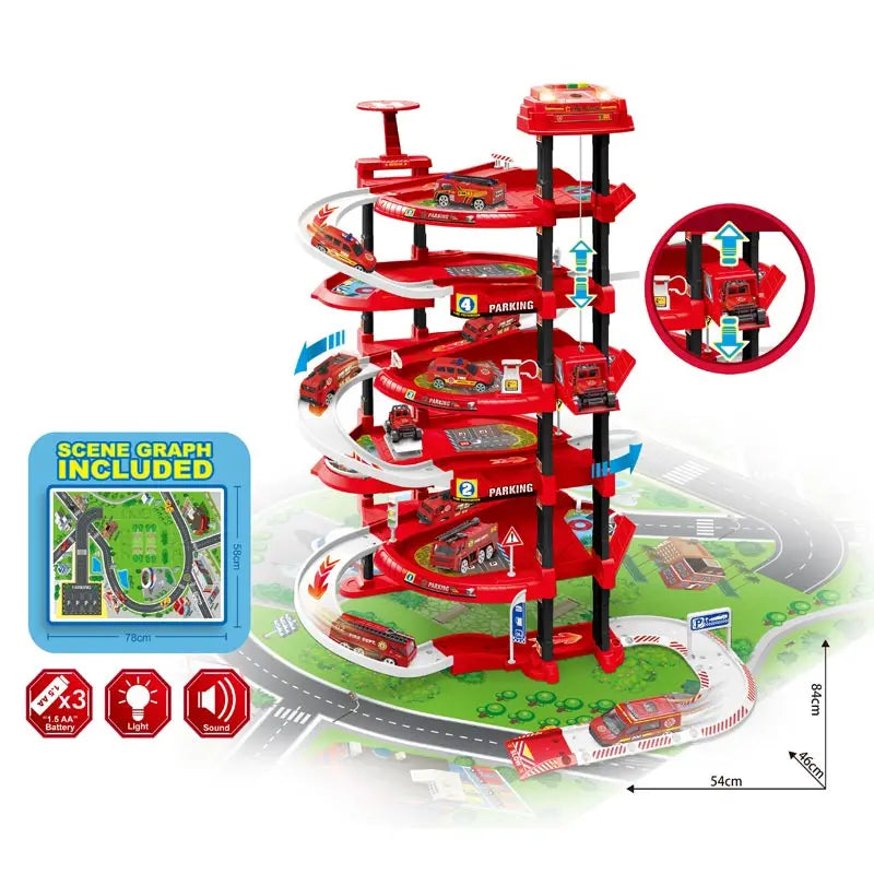 HKM-393811 Electric DIY Puzzle Car Track with 5-Level Fire Garage Parking Lot for Kids