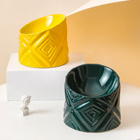 HKM-3939133 Oblique Neck Ceramic Cat Bowl ¨C 200ml, Dark Green & Yellow