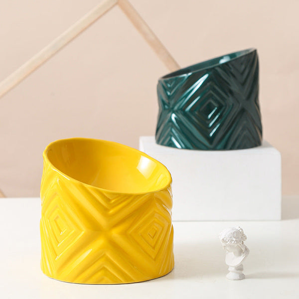 HKM-3939133 Oblique Neck Ceramic Cat Bowl ¨C 200ml, Dark Green & Yellow