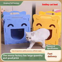 HKM-3942973 Semi-Closed Detachable Felt Cat Bed - Universal Four Seasons Design in Ginger Yellow and Royal Blue