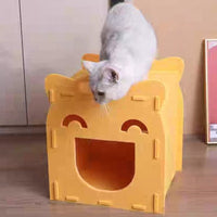 HKM-3942973 Semi-Closed Detachable Felt Cat Bed - Universal Four Seasons Design in Ginger Yellow and Royal Blue